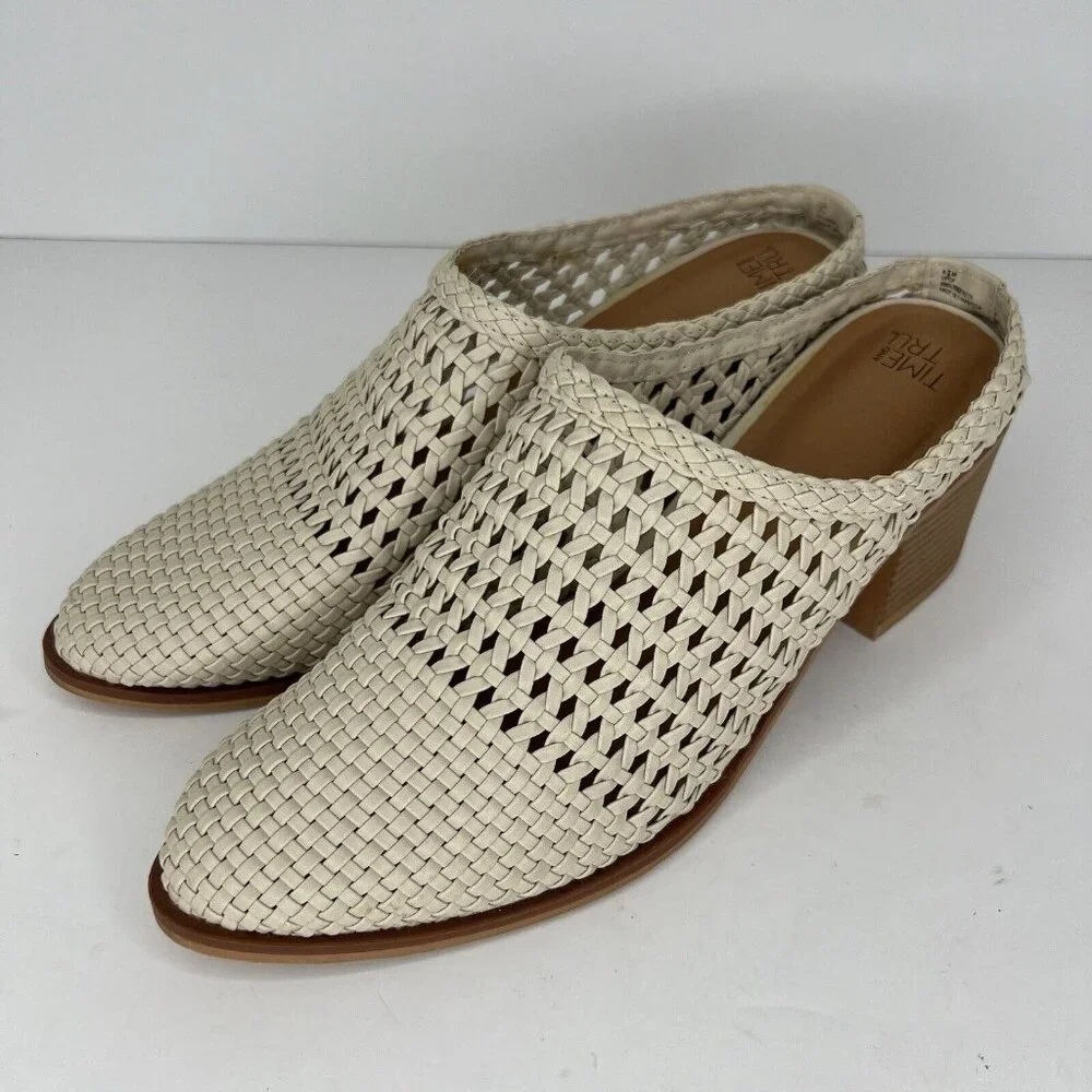 Time and Tru Beige Woven Heeled Memory Foam Mules Womens Size 8.5 Pointed Toe